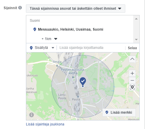 Facebookissa voit rajata mainontasi näytettäväksi tietylle alueelle.